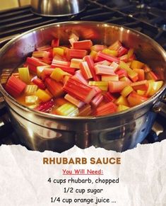 a pan filled with rhubarb sauce on top of a stove