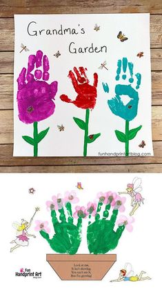 two handprints with flowers on them and the words grandma's garden