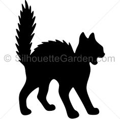 a black and white silhouette of a cat with long tail, standing on its hind legs