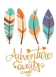 three feathers with the words adventure awaits written on them in orange, blue and green