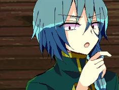 an anime character with blue hair and glasses looking at the camera while holding his finger to his mouth