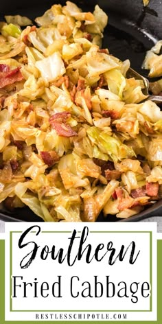 a skillet filled with fried cabbage and bacon