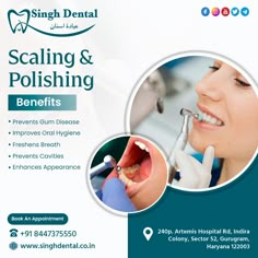 Keep your smile sparkling with scaling and polishing! Professional dental care for a brighter, healthier mouth. 😁✨ . . . For more details call us at: 8447375550, 7988973797 . . Address: 240p. Artemis Hospital Rd, Indira Colony, Sector 52, Gurugram, Haryana 122003 . . . #DentalCare #OralHealth #SmileBright #DentalHygiene #FreshBreath #HealthyTeeth #DentalHygiene #FreshBreath #TeethCleaning #PreventiveCare Dental Surgery Design, Dental Social Media Design, Dental Campaign