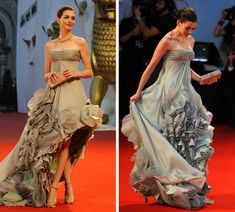 two pictures of women in dresses on the red carpet and one is wearing high heels