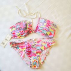 Vibrant Bikini - Never Worn Multicolored Pattern - Pink, Red, Neon Yellow, Black, Aqua, Purple Pink Vibrant Print Swimwear For Pool, Vibrant Pink Stretch Swimwear, Multicolor Fun Swimwear For Party, Fun Multicolor Triangle Top Swimwear, Fun Pink Swimwear For Festival, Fun Multicolor Swimwear For Party, Trendy Multicolor Swimwear For Festivals, Trendy Multicolor Festival Swimwear, Fun Multicolor Party Swimwear