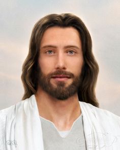 a man with long hair and beard wearing a white robe in front of a cloudy sky