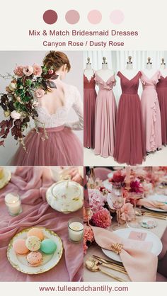 the bridesmaid dresses are pink and have different colors