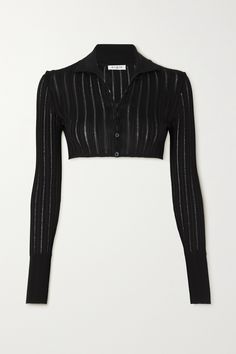 Alaïa's 'Archetypes' collection celebrates the brand's most iconic designs. This cardigan is made from ribbed-knit and paneled with semi-sheer stripes throughout. Complement the cropped hem with high-rise pants. Black Cropped Cardigan, Rib Knit Cardigan, Standing Collar, Cardigan Black, Womens Designer Fashion, Knitwear Cardigan, Cropped Cardigan, Black Rib, Black Cardigan