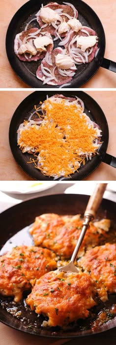 the process of cooking meat in a skillet with grated cheese and onions on top