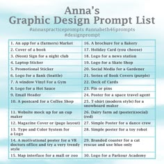 an info sheet with the names and numbers for graphic design project list in blue tones