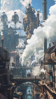 an industrial city with steam pouring out of the pipes and buildings on either side,