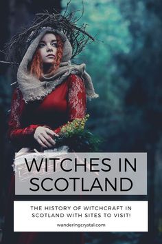 a woman wearing a red dress with the words witches in scotland over her face and head