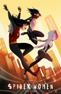 two women flying through the air in front of a city