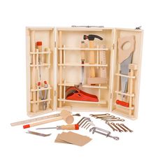 a wooden tool box with tools in it