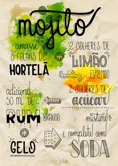 an artistic poster with the words mojito, hortella and roma written in spanish