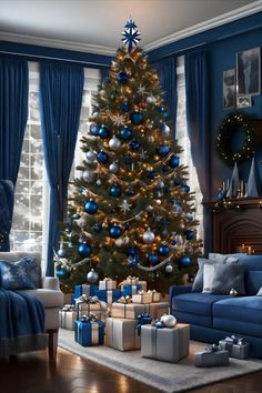 a living room decorated for christmas with blue and silver decorations on the tree, presents under the window