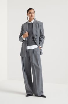 The virgin wool panama showcases a compact texture that is fluid at the same time. The use of twisted threads replicates the effect of canvas fabrics in a lighter version with a more regular appearance. Zip closure with metal hooks and backing button Front pockets Back welt pockets Double pleat Cashmere Sweater Women, Grey Dress Pants, Pleated Trousers, Grey Outfit, Peak Lapel, Cuff Detail, Grey Pants, Metal Hooks, Work Attire