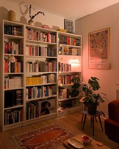 a living room filled with lots of books on top of a white book shelf next to a red chair