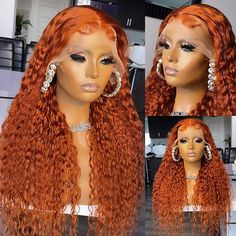 This Ginger and Orange Wigs 13x4 Lace Front Wig provides a natural-looking hairstyle. The pre-plucked frontal lace wig is 32-inches long, with a silky curly texture. The ginger color adds a warm and vibrant feel, perfect for any style. Product Details Brand: Ishow Hair Hair Material: 100% human hair from one donor Hair Color: Ginger Orange Texture: Curly Hair Length: 8-32 Inch Available Density: 150%/180%/250% Hairline: pre-plucked Can Be Dyed: yes, please dye into professional way. Straps: adju Orange Wig, Water Wave Hair, Hair Ginger, Hair Color Orange, Fake Hair, Curly Human Hair Wig, Curly Lace Front Wigs, Front Lace Wigs Human Hair, Lace Hair