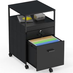 a black filing cabinet with two drawers and a printer on the bottom shelf next to it