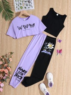 3pcs/Set Tween Girls' Street Style Knitted Short Sleeve Top With Tank Top, And Cuffed Long Pants, Casual Outfit Multicolor Casual    Letter,Plants,Butterfly  Slight Stretch  Tween Girls Clothing, size features are:Bust: ,Length: ,Sleeve Length: Cute Outfits For Kids 10-12, Cute Outfits With Shorts, Street Clothing