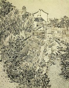 a drawing of a garden with lots of flowers and plants in the foreground, next to a house