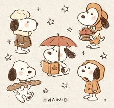 a drawing of peanuts holding an umbrella with other characters around it, including a dog