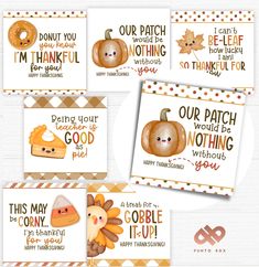 four thanksgiving cards with pumpkins, turkey and other things to say in each card