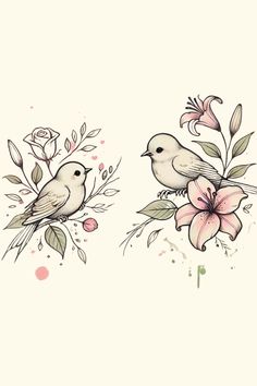 two birds sitting on top of flowers next to each other