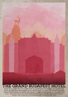 the grand budapest hotel poster is shown in pink and orange colors, with an antelope on top