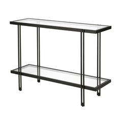 a glass and metal console table with two shelves on one side, against a white background