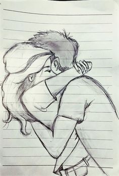 a pencil drawing of a man hugging a woman's head with her arm around him