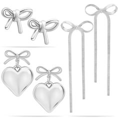 PRICES MAY VARY. Bow Earrings Set:You will get 3 pairs styles of bow earring with copper electroplated 925 sterling silver earrings.Chosen from the different designs such as silver or gold long chain bow dangle drop tassel earrings,dainty bow earrings, heart dangle bow earrings,pearl dangle pink ribbon bow earrings and beaded fringe earrings etc.They have a nice weight and look very elegant,perfect accessory add a touch of sophistication to any outfit or makeup with these dainty and cute bow ear Bow Earring, Valentine Gifts Jewelry, Earrings For Wedding, Valentine Jewelry, Earrings Heart, Wedding Accessories Jewelry, Silver Bow, Earrings Pearl, Earrings Dainty