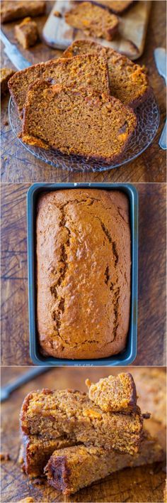 two pictures showing different types of bread in pans and one with slices cut from it