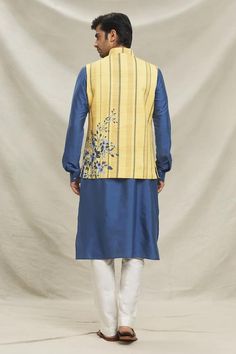 Sapphire blue straight kurta. Paired with pant. Comes along with yellow floral print bundi. - Aza Fashions Kurta Set For Men, Pajama Pattern, Nehru Jackets, Straight Kurta, Flowering Vines, Kurta Set, Sapphire Blue, Floral Flower, Yellow Floral