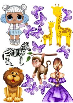 various cartoon animals and children's toys are shown in this image, including zebras,