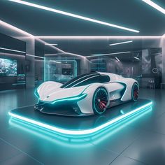 a futuristic car is shown in the middle of a room with neon lights on it