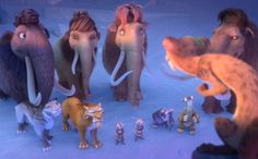 several animated animals are standing in the snow