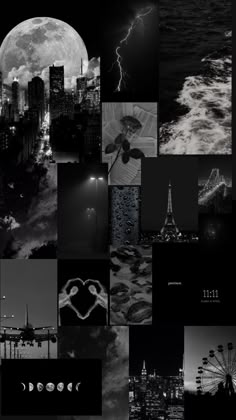 black and white collage with images of city lights, ferris wheel, moon, lightning