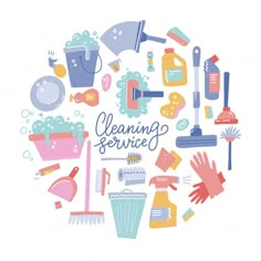 the words cleaning service surrounded by various household items in a circle with handwritten lettering