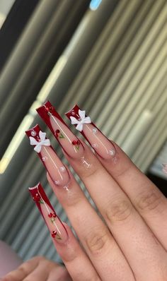 Nail Discount Ideas, Red Acyrilics Nails Design, Red And White Square Nails, Red Cherry Nails Acrylic, Red Cherry Nail Designs, Red Long Nails Designs, Red Nails With Cherries, Red Birthday Nails Acrylic, Red Baddie Nails Acrylic