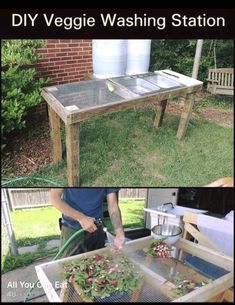 two pictures showing how to make a veggie washing station in the back yard