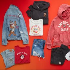 American Eagle Outfitters And Kellogg's Tony The Tiger Have Teamed Up To Celebrate The Year Of The Tiger. The 24-Piece Limited-Edition Collection Featuring Graphics Of The Breakfast Mascot Throughout The Ages And Includes Ae's Denim Styles, Tees, Hoodies And Accessories For Both Men And Women. Brand New Without Tags Ae X Kellogg’s Tony The Tiger Limited Edition Collab Distressed Cropped 90s Boyfriend Denim Jacket Casual Cotton Denim Jacket For College, Casual Long Sleeve Denim Jacket For College, Fall Denim Jacket For College, Casual Spring Denim Jacket For College, Casual Medium Wash Denim Jacket With Graphic Print, Casual Medium Wash Outerwear With Graphic Print, Casual Denim Outerwear With Graphic Print, Urban Denim Tops For Fall, Medium Wash Tops For Fall Streetwear