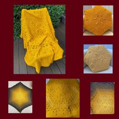 there are many pictures of yellow crocheted items on this page, including blankets and rugs