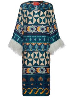 navy blue/multicolour silk all-over graphic print round split neck wide sleeves feather-trim detailing straight hem mid-length Bow Sleeves, Brown Floral Print, Cotton Kaftan, Feather Trim, Versace Outfit, Silk Suit, Women's Cover Up, Silk Twill, Brown Floral