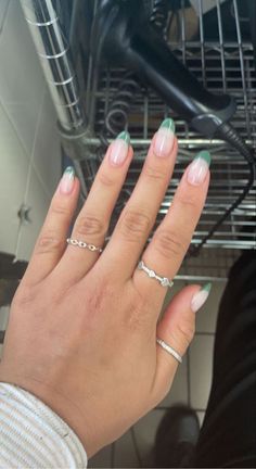 Dips And Tips Nails, Earth Nails, Greece Nails, Green French Tip, Nails 23, Wave Nails, Nail Piercing, Green French, Spring Acrylic Nails