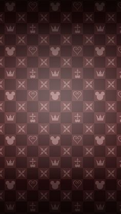 mickey mouse wallpaper with hearts and crossbones on the bottom, in shades of brown