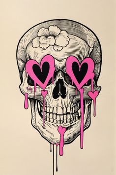 a skull with three hearts on it's forehead and dripping blood down the side