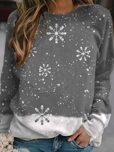 Christmas Snowflake Print O-neck Long Sleeve Sweatshirt Snowflake Print, Color Block Sweatshirt, Long Sleeve Pullover Sweater, Women Christmas, Round Neck Sweaters, Women Hoodies Sweatshirts, Plus Size Casual, Casual Hoodie, Christmas Sweatshirts