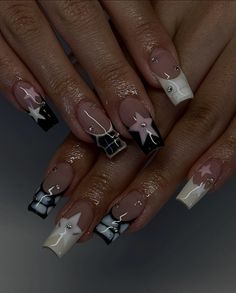 Black Planet Nails, Y2 K Nails Acrylic, Cross Inspired Nails, Edgy Square Nails, Square Grunge Nails, Cool Y2k Nails, Nail Inspo Acrylic Y2k, Cross Gems On Nails, Nail Inspo Square Medium Y2k